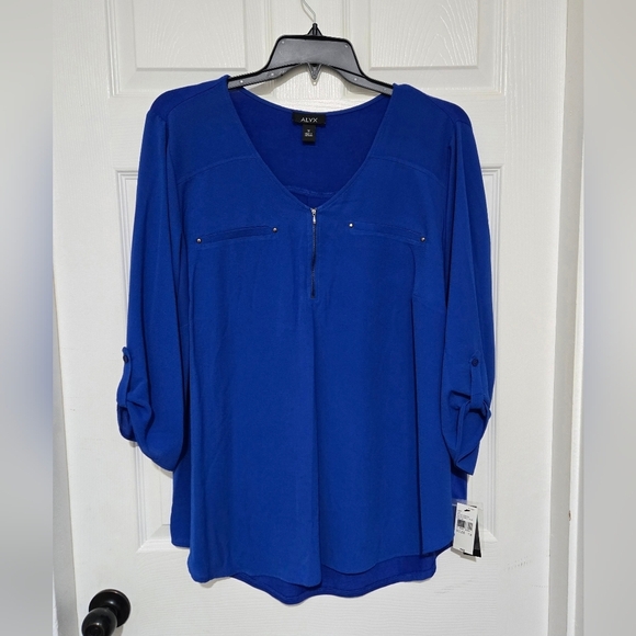 NEW ALYX Blue Blouse Size 1X Lightweight 3/4 Sleeves Flowy V-Neck Office Savvy - Picture 2 of 13